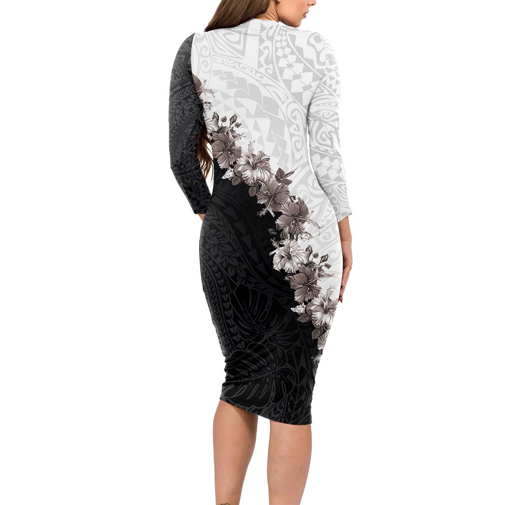 Hawaii Grayscale Hibiscus Flowers Long Sleeve Bodycon Dress Polynesian