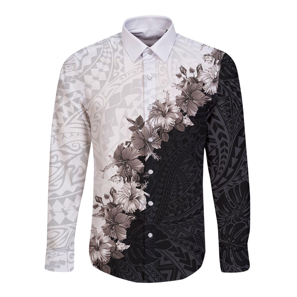 Hawaii Grayscale Hibiscus Flowers Long Sleeve Button Shirt Polynesian Pattern With Half Black White Version LT03 Unisex Black - Polynesian Pride