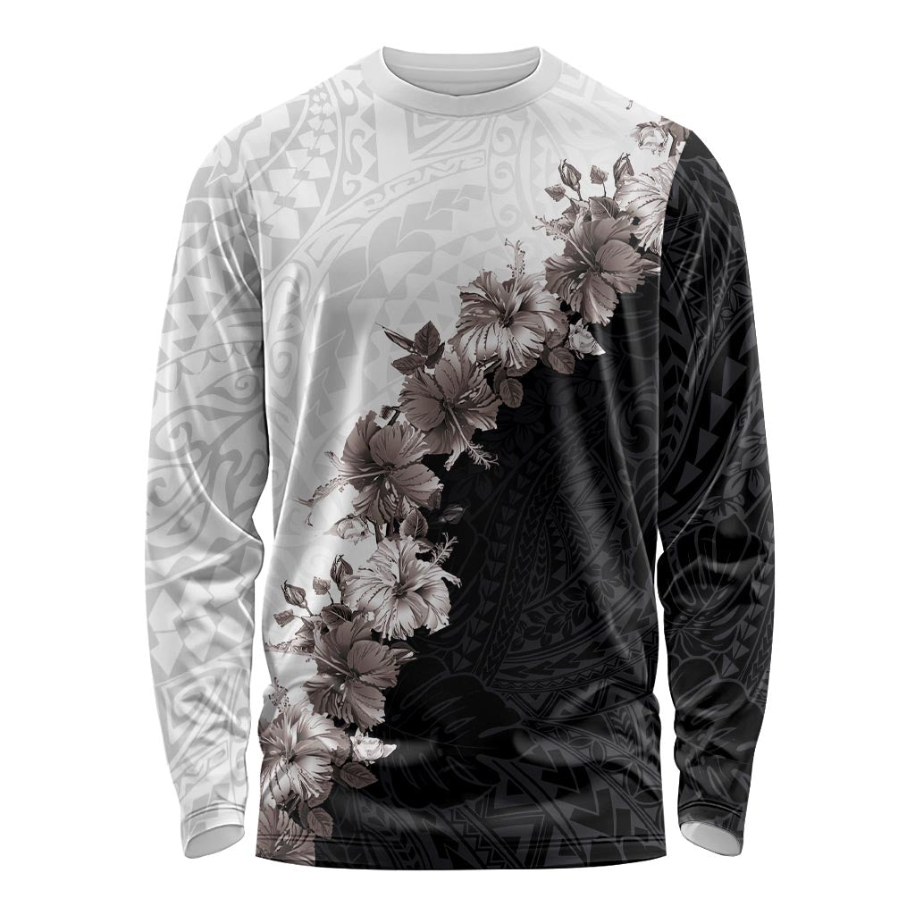 Hawaii Grayscale Hibiscus Flowers Long Sleeve Shirt Polynesian Pattern With Half Black White Version LT03 Unisex Black - Polynesian Pride