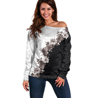 Hawaii Grayscale Hibiscus Flowers Off Shoulder Sweater Polynesian Pattern With Half Black White Version