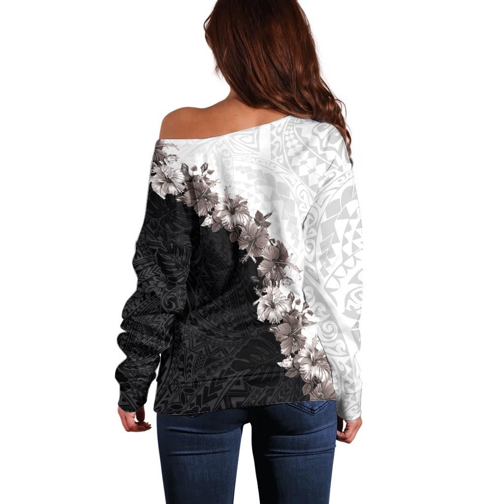 Hawaii Grayscale Hibiscus Flowers Off Shoulder Sweater Polynesian Pattern With Half Black White Version