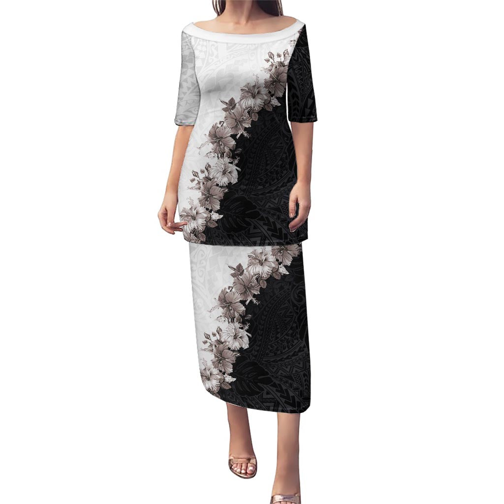 Hawaii Grayscale Hibiscus Flowers Puletasi Polynesian Pattern With Half Black White Version