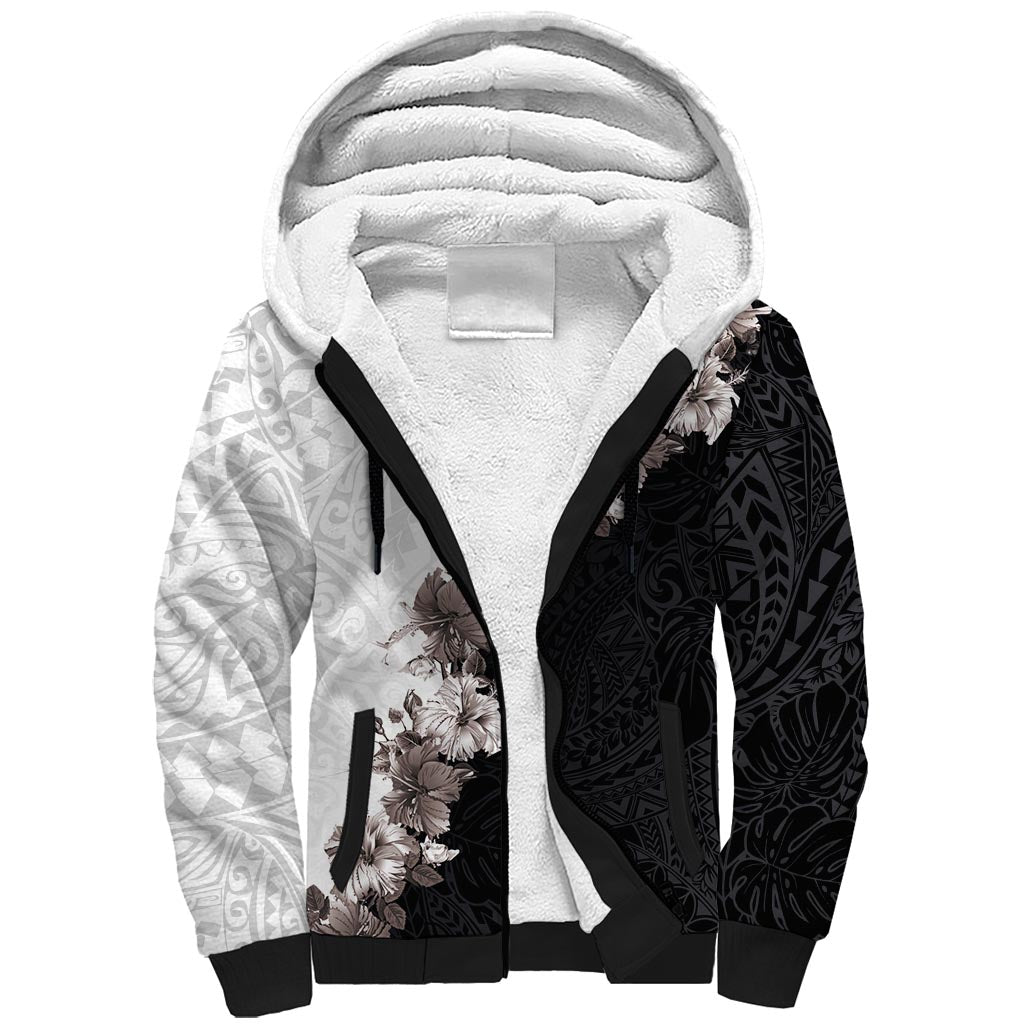 Hawaii Grayscale Hibiscus Flowers Sherpa Hoodie Polynesian Pattern With Half Black White Version LT03 Unisex Black - Polynesian Pride
