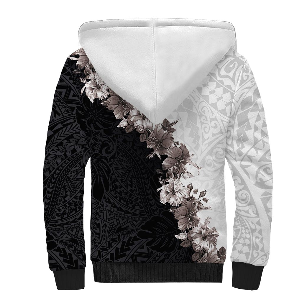 Hawaii Grayscale Hibiscus Flowers Sherpa Hoodie Polynesian Pattern With Half Black White Version