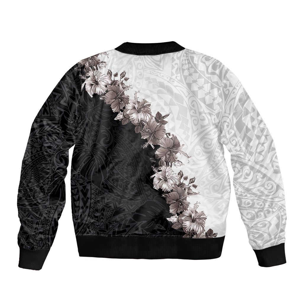 Hawaii Grayscale Hibiscus Flowers Sleeve Zip Bomber Jacket Polynesian Pattern With Half Black White Version