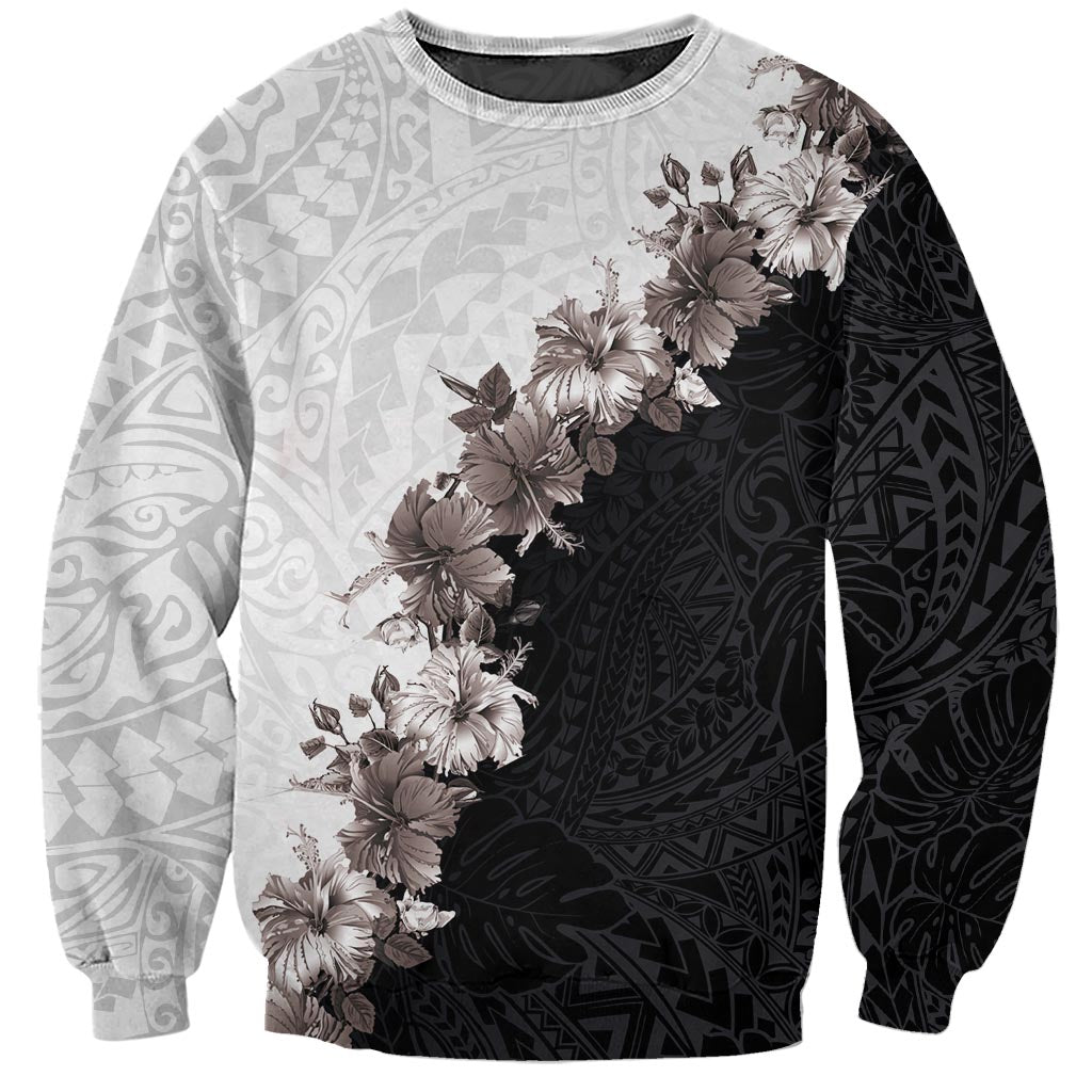 Hawaii Grayscale Hibiscus Flowers Sweatshirt Polynesian Pattern With Half Black White Version