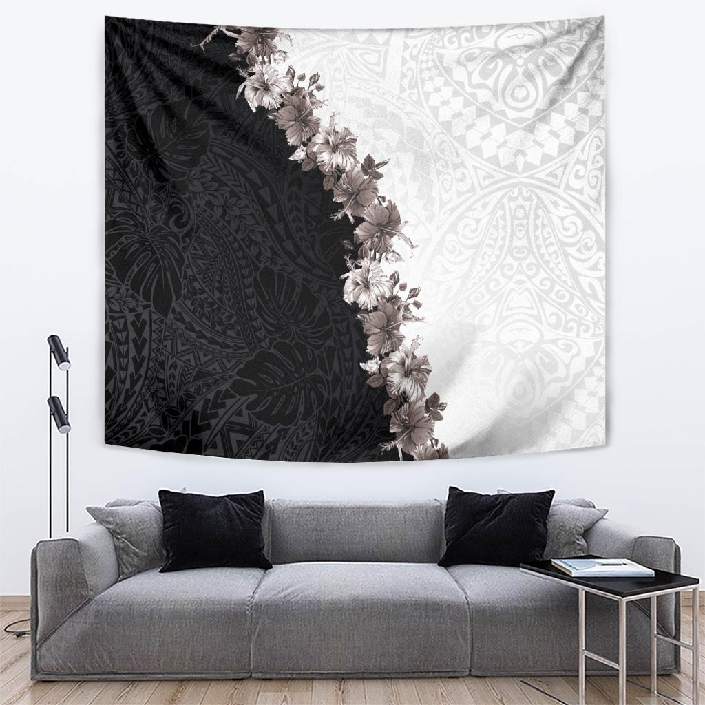 Hawaii Grayscale Hibiscus Flowers Tapestry Polynesian Pattern With Half Black White Version LT03 Black - Polynesian Pride