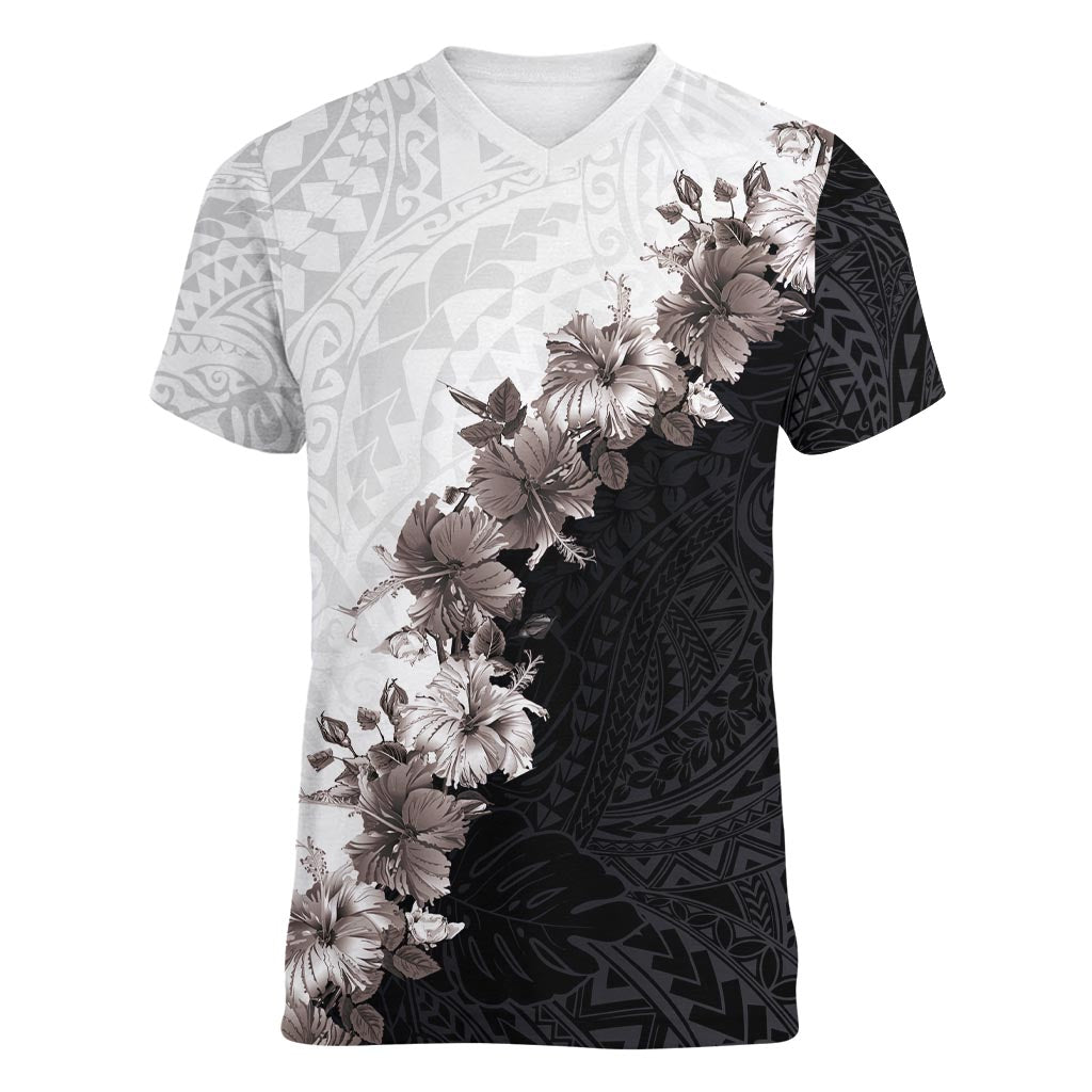 Hawaii Grayscale Hibiscus Flowers Women V-Neck T-Shirt Polynesian Pattern With Half Black White Version LT03 Female Black - Polynesian Pride