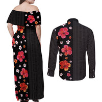 Hawaii Hibiscus and Plumeria Flowers Couples Matching Off Shoulder Maxi Dress and Long Sleeve Button Shirt Tapa Tribal Pattern Half Style Colorful Mode
