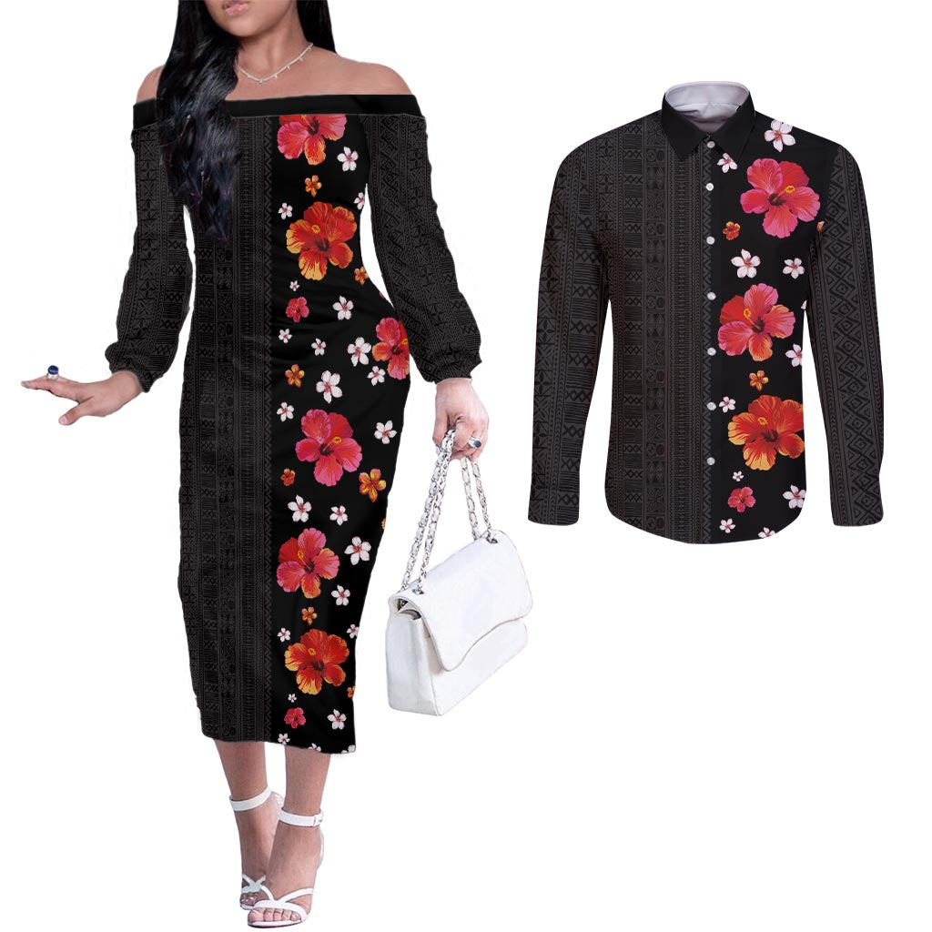 Hawaii Hibiscus and Plumeria Flowers Couples Matching Off The Shoulder Long Sleeve Dress and Long Sleeve Button Shirt Tapa Tribal Pattern Half Style Colorful Mode