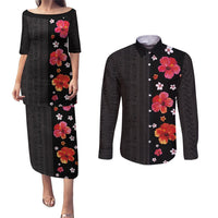 Hawaii Hibiscus and Plumeria Flowers Couples Matching Puletasi and Long Sleeve Button Shirt Tapa Tribal Pattern Half Style Colorful Mode