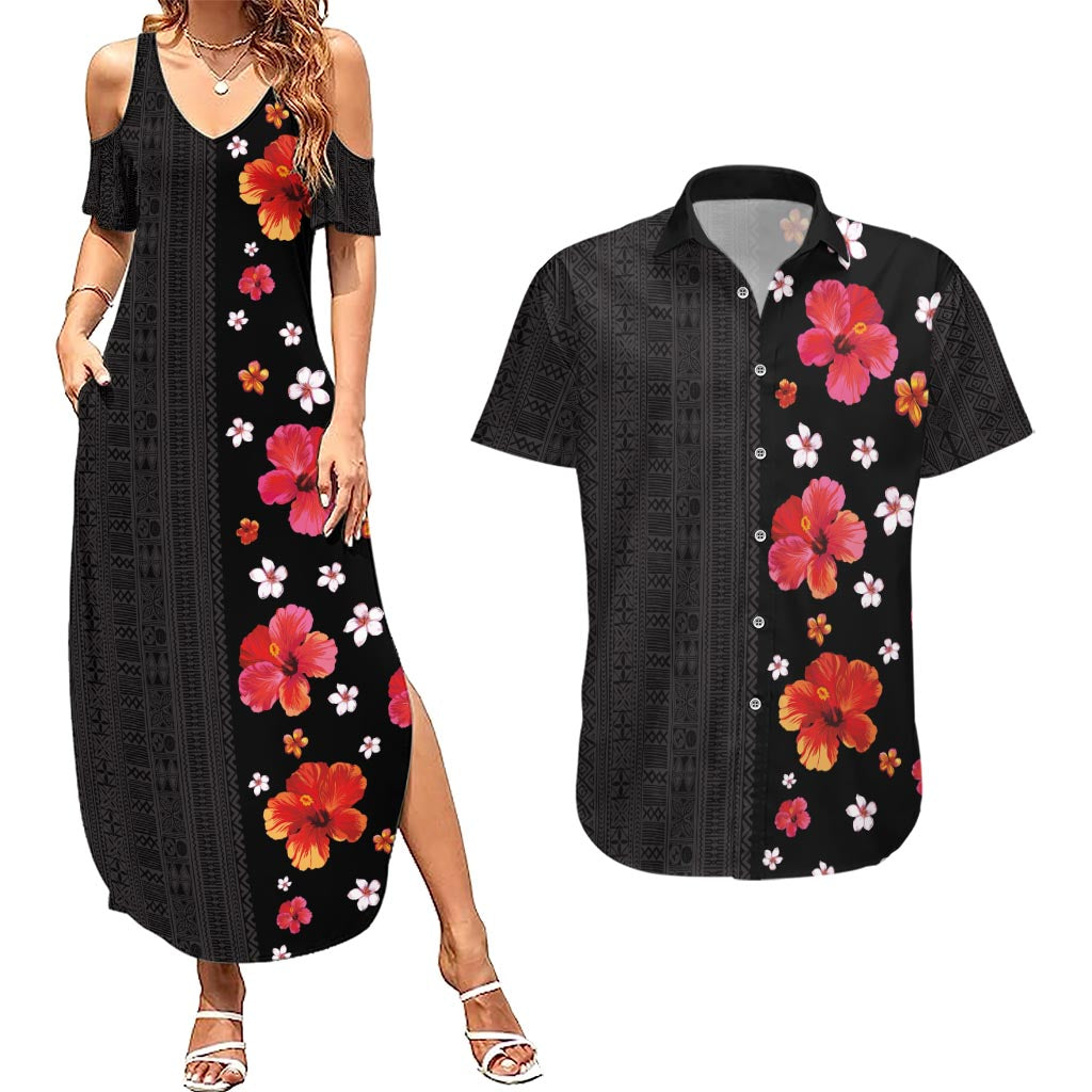 Hawaii Hibiscus and Plumeria Flowers Couples Matching Summer Maxi Dress and Hawaiian Shirt Tapa Tribal Pattern Half Style Colorful Mode