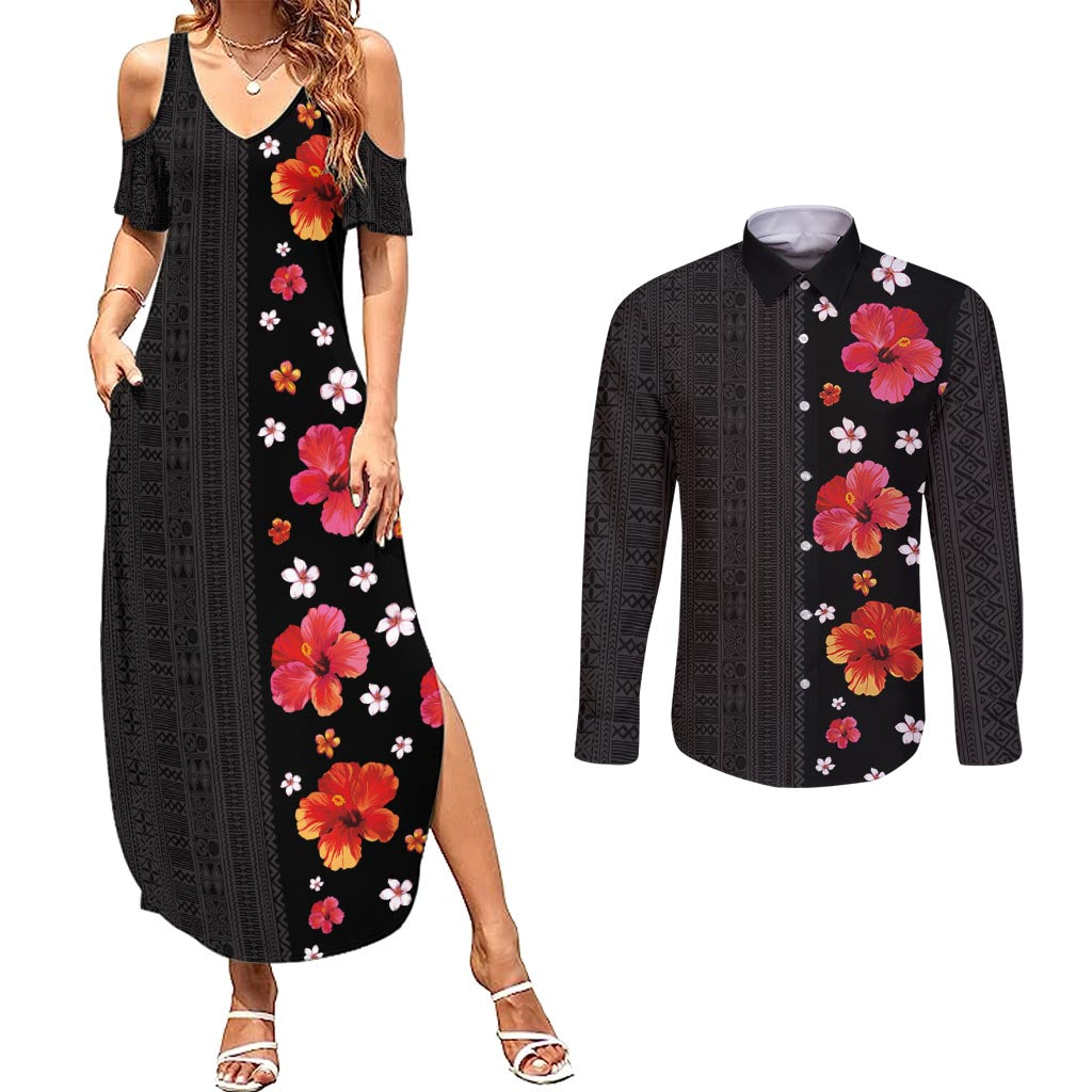 Hawaii Hibiscus and Plumeria Flowers Couples Matching Summer Maxi Dress and Long Sleeve Button Shirt Tapa Tribal Pattern Half Style Colorful Mode