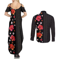 Hawaii Hibiscus and Plumeria Flowers Couples Matching Summer Maxi Dress and Long Sleeve Button Shirt Tapa Tribal Pattern Half Style Colorful Mode