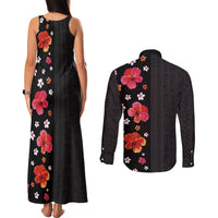 Hawaii Hibiscus and Plumeria Flowers Couples Matching Tank Maxi Dress and Long Sleeve Button Shirt Tapa Tribal Pattern Half Style Colorful Mode