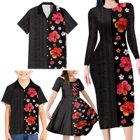 Hawaii Hibiscus and Plumeria Flowers Family Matching Long Sleeve Bodycon Dress and Hawaiian Shirt Tapa Tribal Pattern Half Style Colorful Mode LT03 - Polynesian Pride