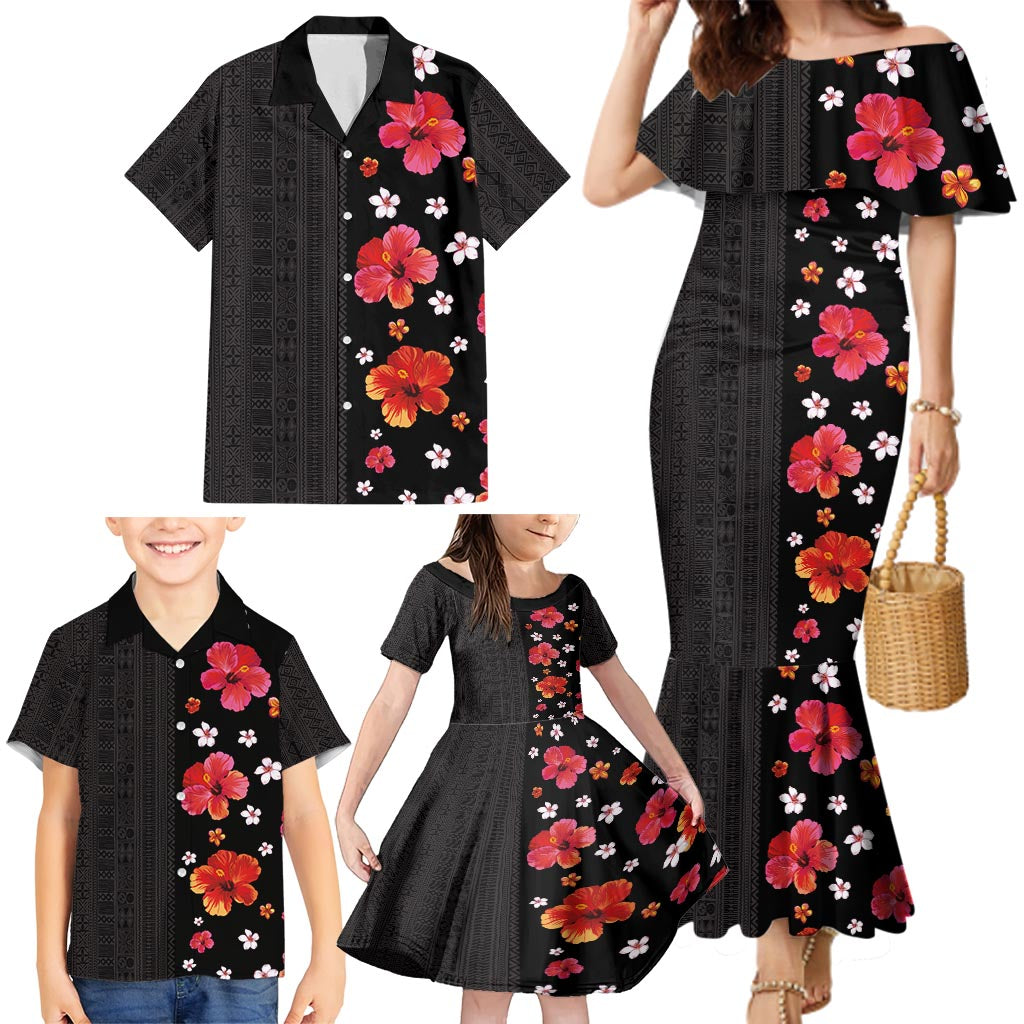 Hawaii Hibiscus and Plumeria Flowers Family Matching Mermaid Dress and Hawaiian Shirt Tapa Tribal Pattern Half Style Colorful Mode