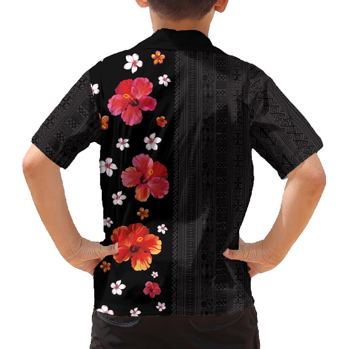 Hawaii Hibiscus and Plumeria Flowers Family Matching Off The Shoulder Long Sleeve Dress and Hawaiian Shirt Tapa Tribal Pattern Half Style Colorful Mode LT03 - Polynesian Pride