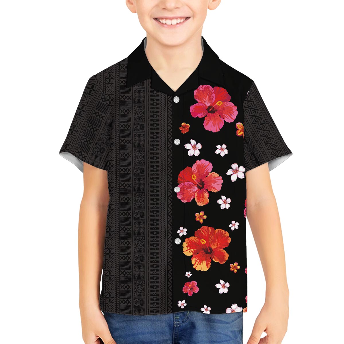 Hawaii Hibiscus and Plumeria Flowers Family Matching Off The Shoulder Long Sleeve Dress and Hawaiian Shirt Tapa Tribal Pattern Half Style Colorful Mode LT03 Son's Shirt Black - Polynesian Pride