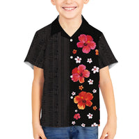 Hawaii Hibiscus and Plumeria Flowers Family Matching Off The Shoulder Long Sleeve Dress and Hawaiian Shirt Tapa Tribal Pattern Half Style Colorful Mode LT03 Son's Shirt Black - Polynesian Pride
