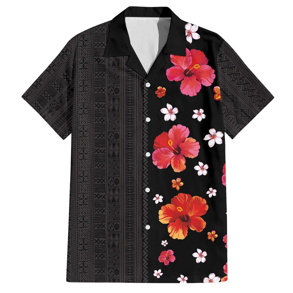 Hawaii Hibiscus and Plumeria Flowers Family Matching Off Shoulder Short Dress and Hawaiian Shirt Tapa Tribal Pattern Half Style Colorful Mode LT03 Dad's Shirt - Short Sleeve Black - Polynesian Pride