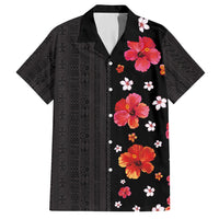Hawaii Hibiscus and Plumeria Flowers Family Matching Off Shoulder Short Dress and Hawaiian Shirt Tapa Tribal Pattern Half Style Colorful Mode LT03 Dad's Shirt - Short Sleeve Black - Polynesian Pride