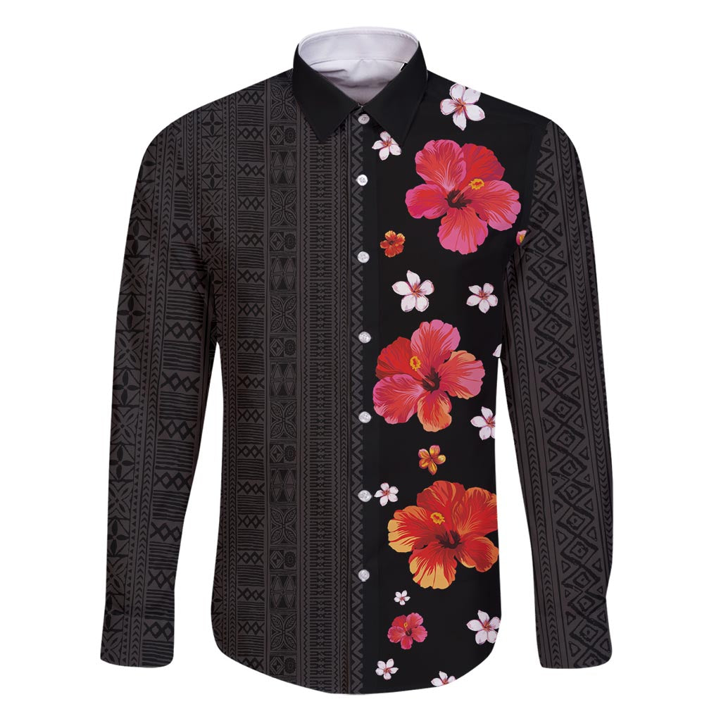 Hawaii Hibiscus and Plumeria Flowers Family Matching Off Shoulder Short Dress and Hawaiian Shirt Tapa Tribal Pattern Half Style Colorful Mode LT03 Dad's Shirt - Long Sleeve Black - Polynesian Pride