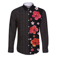 Hawaii Hibiscus and Plumeria Flowers Family Matching Off Shoulder Short Dress and Hawaiian Shirt Tapa Tribal Pattern Half Style Colorful Mode LT03 Dad's Shirt - Long Sleeve Black - Polynesian Pride