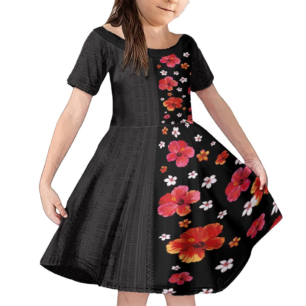 Hawaii Hibiscus and Plumeria Flowers Family Matching Tank Maxi Dress and Hawaiian Shirt Tapa Tribal Pattern Half Style Colorful Mode LT03 Daughter's Dress Black - Polynesian Pride