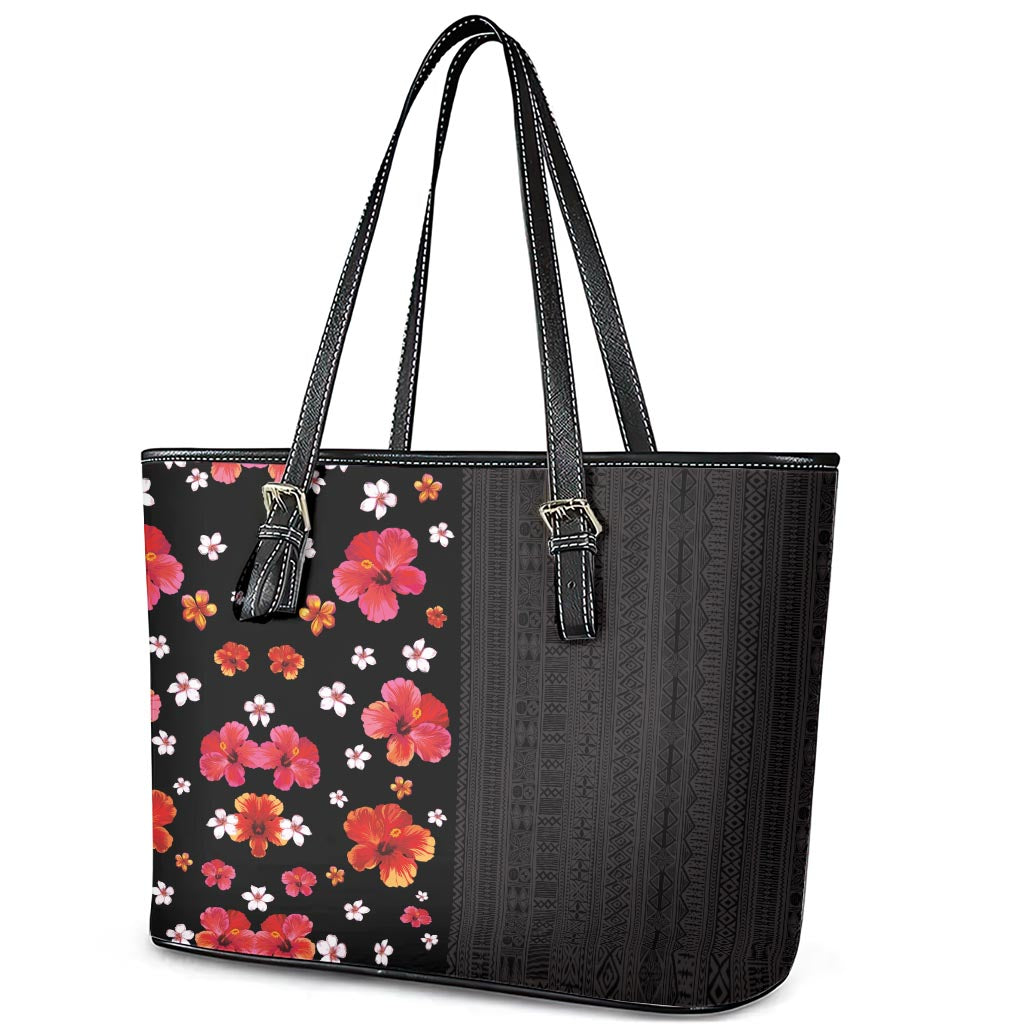 Hawaii Hibiscus and Plumeria Flowers Leather Tote Bag Tapa Tribal Pattern Half Style Colorful Mode LT03 - Polynesian Pride