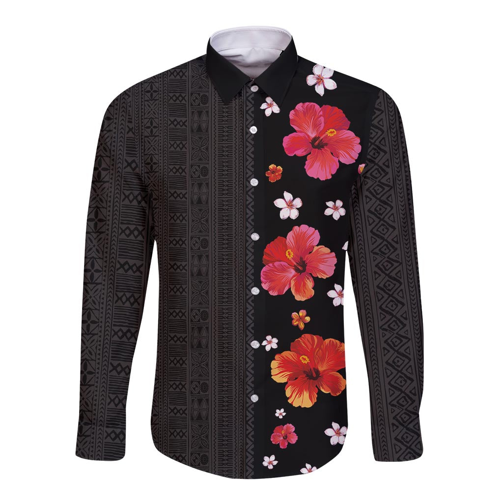 Hawaii Hibiscus and Plumeria Flowers Long Sleeve Button Shirt Tapa Tribal Pattern Half Style Colorful Mode LT03 Unisex Black - Polynesian Pride