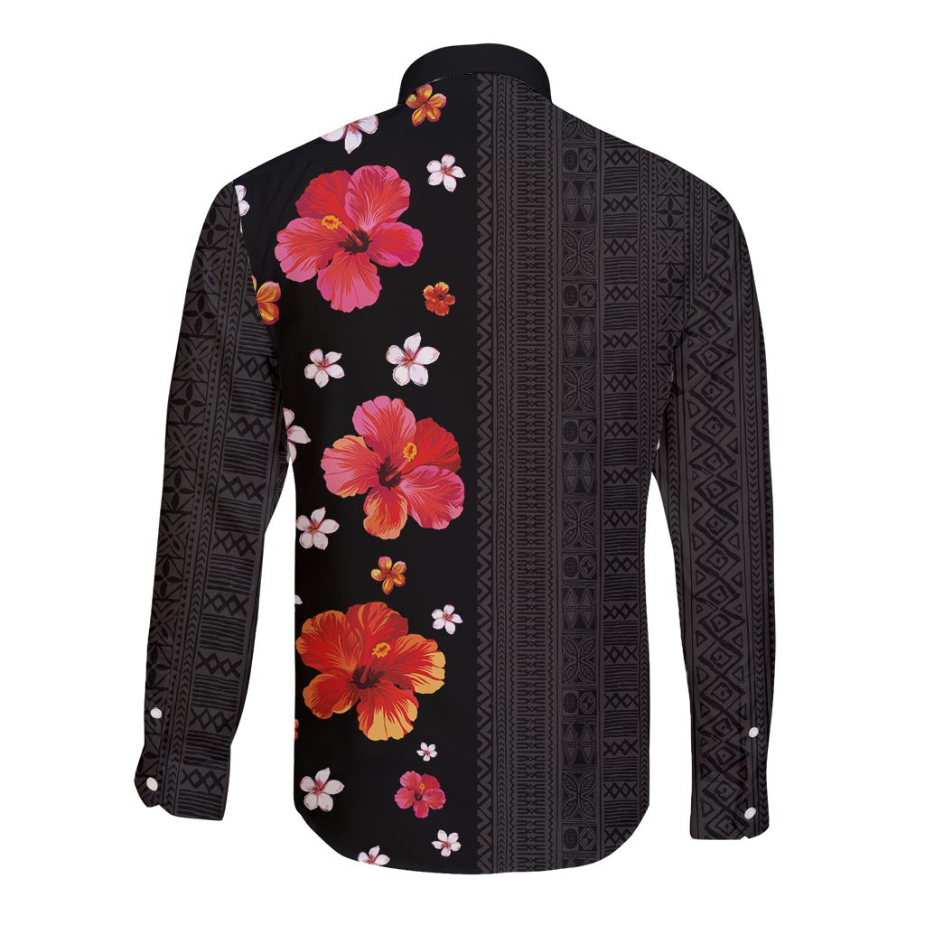 Hawaii Hibiscus and Plumeria Flowers Long Sleeve Button Shirt Tapa Tribal Pattern Half Style Colorful Mode LT03 - Polynesian Pride