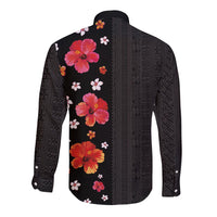 Hawaii Hibiscus and Plumeria Flowers Long Sleeve Button Shirt Tapa Tribal Pattern Half Style Colorful Mode LT03 - Polynesian Pride