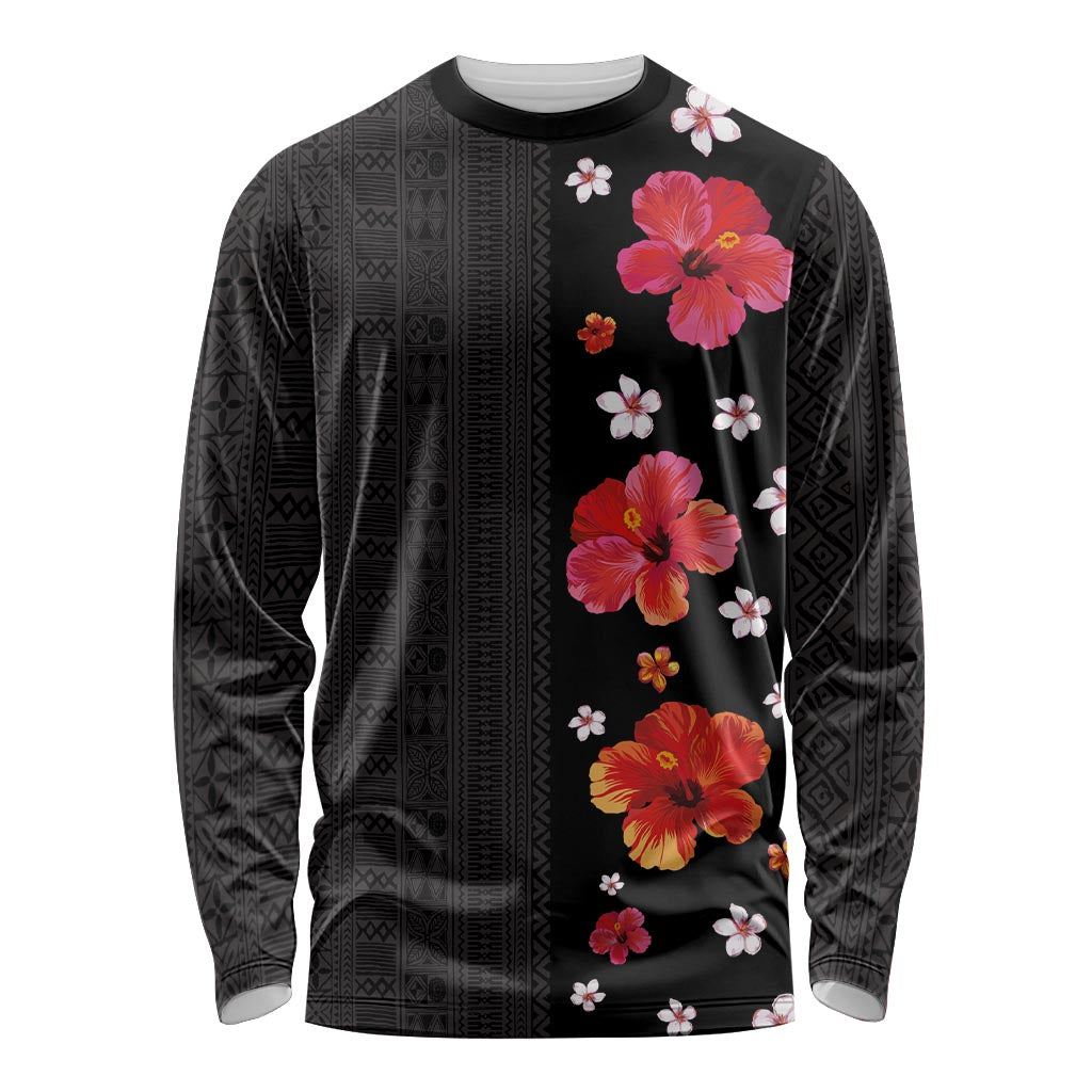 Hawaii Hibiscus and Plumeria Flowers Long Sleeve Shirt Tapa Tribal Pattern Half Style Colorful Mode LT03 Unisex Black - Polynesian Pride