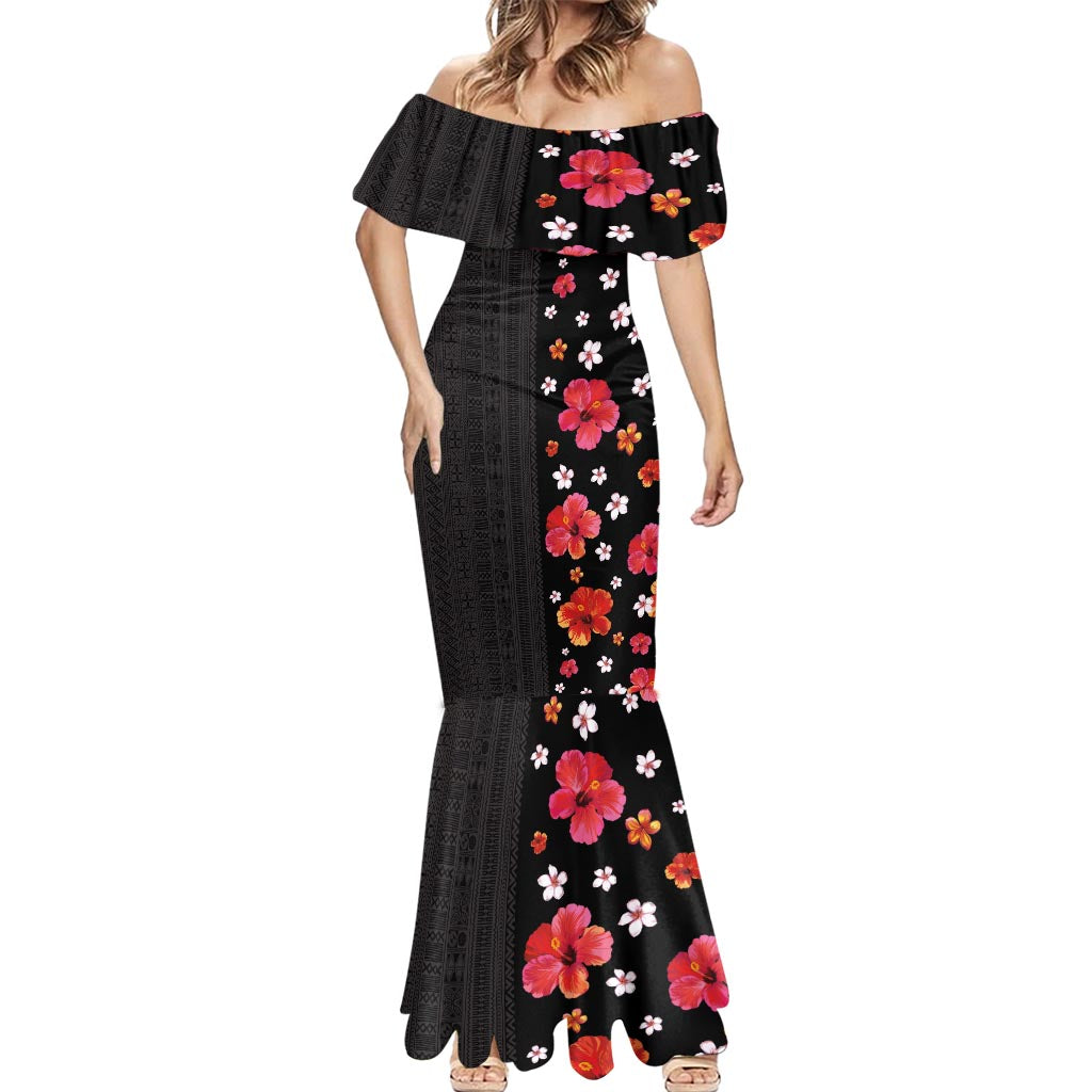 Hawaii Hibiscus and Plumeria Flowers Mermaid Dress Tapa Tribal Pattern Half Style Colorful Mode