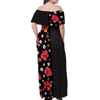 Hawaii Hibiscus and Plumeria Flowers Off Shoulder Maxi Dress Tapa Tribal Pattern Half Style Colorful Mode