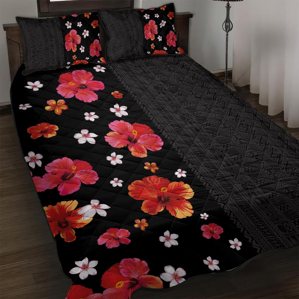 Hawaii Hibiscus and Plumeria Flowers Quilt Bed Set Tapa Tribal Pattern Half Style Colorful Mode LT03 Black - Polynesian Pride