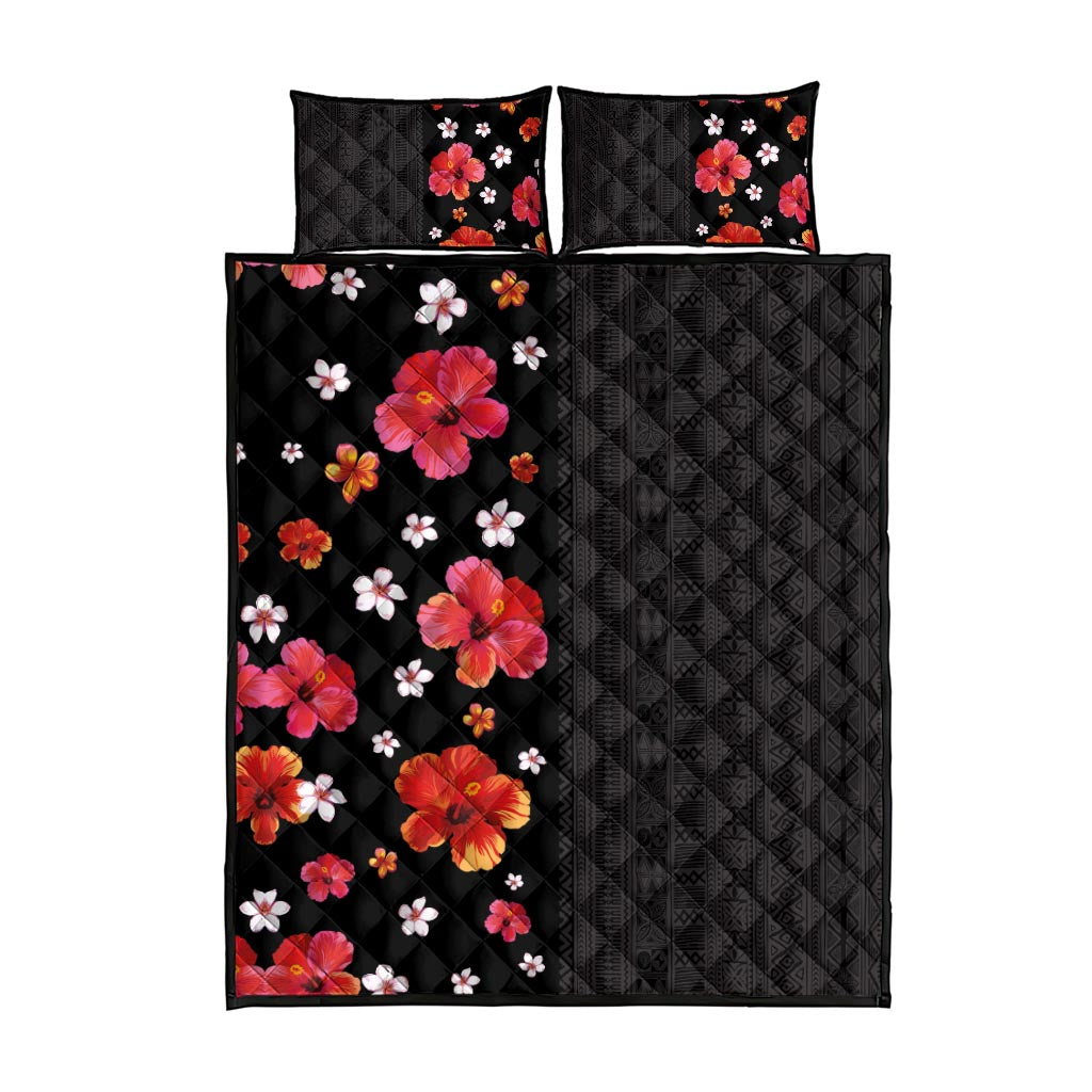 Hawaii Hibiscus and Plumeria Flowers Quilt Bed Set Tapa Tribal Pattern Half Style Colorful Mode LT03 - Polynesian Pride