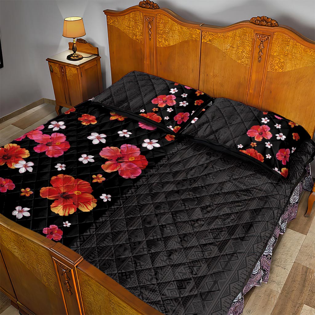 Hawaii Hibiscus and Plumeria Flowers Quilt Bed Set Tapa Tribal Pattern Half Style Colorful Mode LT03 - Polynesian Pride