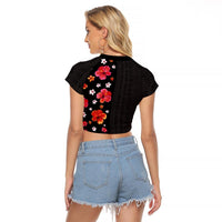 Hawaii Hibiscus and Plumeria Flowers Raglan Cropped T Shirt Tapa Tribal Pattern Half Style Colorful Mode