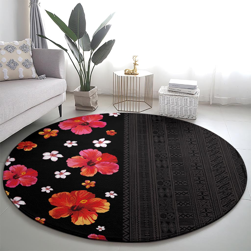 Hawaii Hibiscus and Plumeria Flowers Round Carpet Tapa Tribal Pattern Half Style Colorful Mode LT03 - Polynesian Pride
