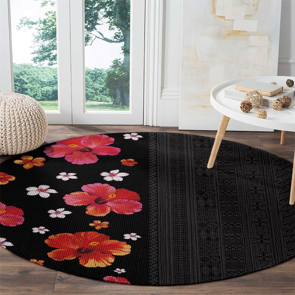Hawaii Hibiscus and Plumeria Flowers Round Carpet Tapa Tribal Pattern Half Style Colorful Mode LT03 - Polynesian Pride