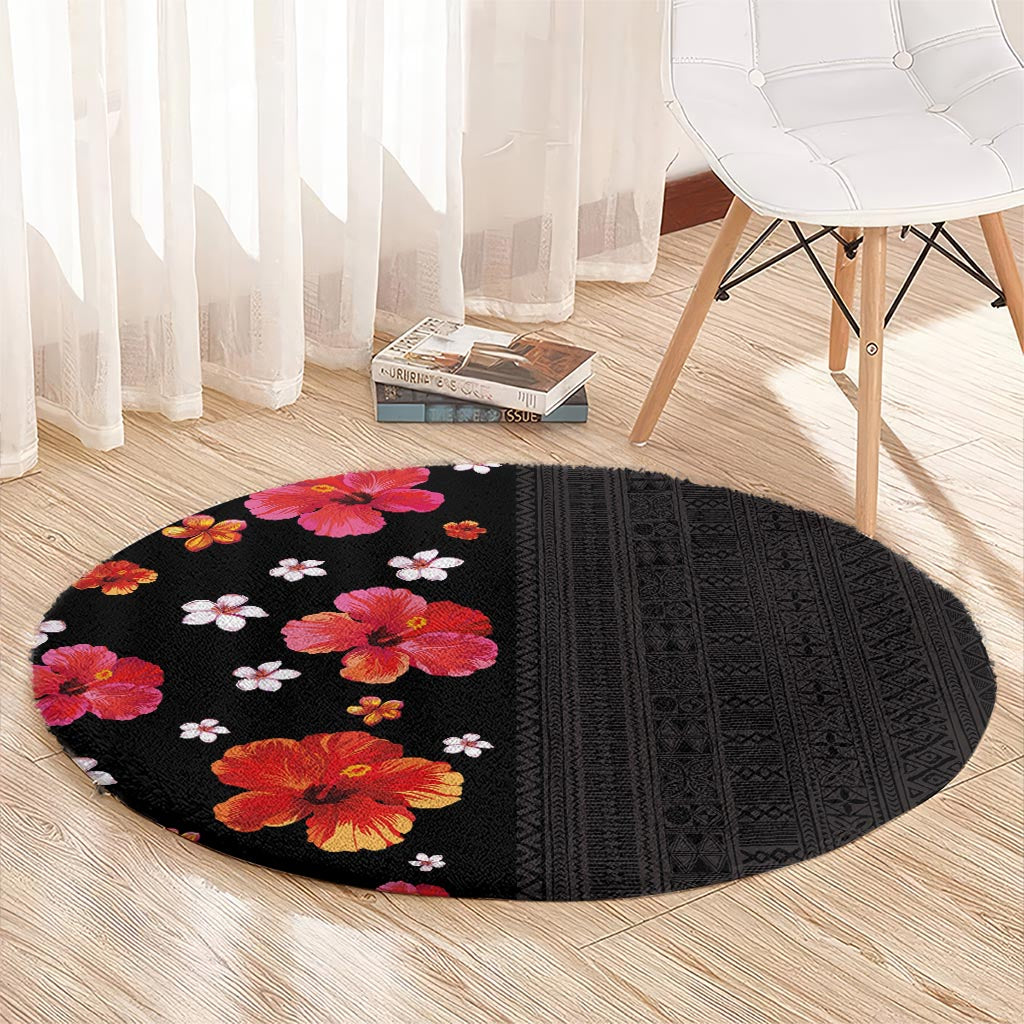 Hawaii Hibiscus and Plumeria Flowers Round Carpet Tapa Tribal Pattern Half Style Colorful Mode LT03 - Polynesian Pride