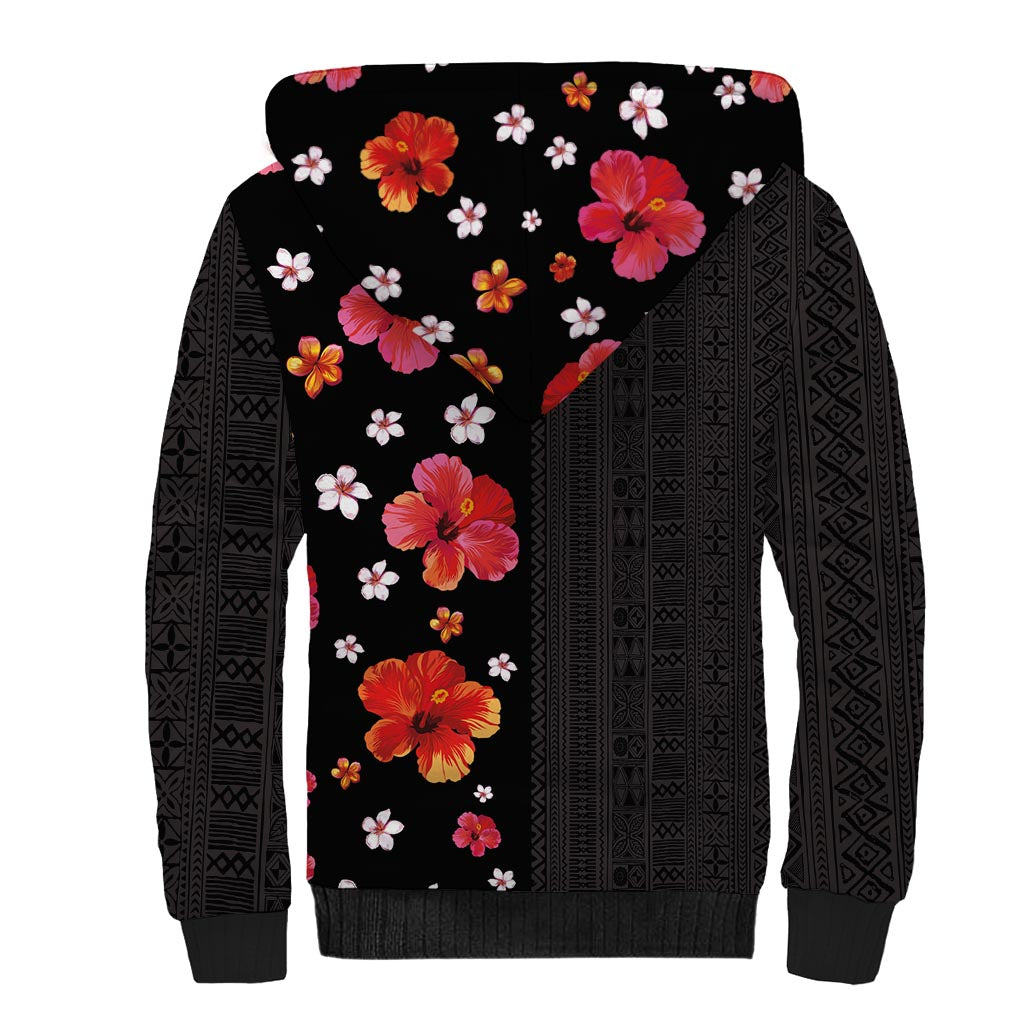 Hawaii Hibiscus and Plumeria Flowers Sherpa Hoodie Tapa Tribal Pattern Half Style Colorful Mode