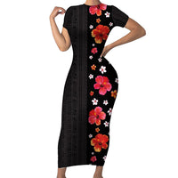 Hawaii Hibiscus and Plumeria Flowers Short Sleeve Bodycon Dress Tapa Tribal Pattern Half Style Colorful Mode