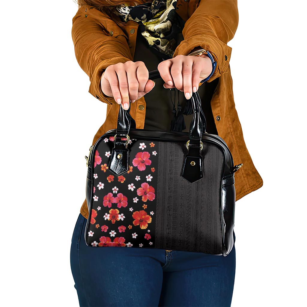 Hawaii Hibiscus and Plumeria Flowers Shoulder Handbag Tapa Tribal Pattern Half Style Colorful Mode LT03 One Size Black - Polynesian Pride