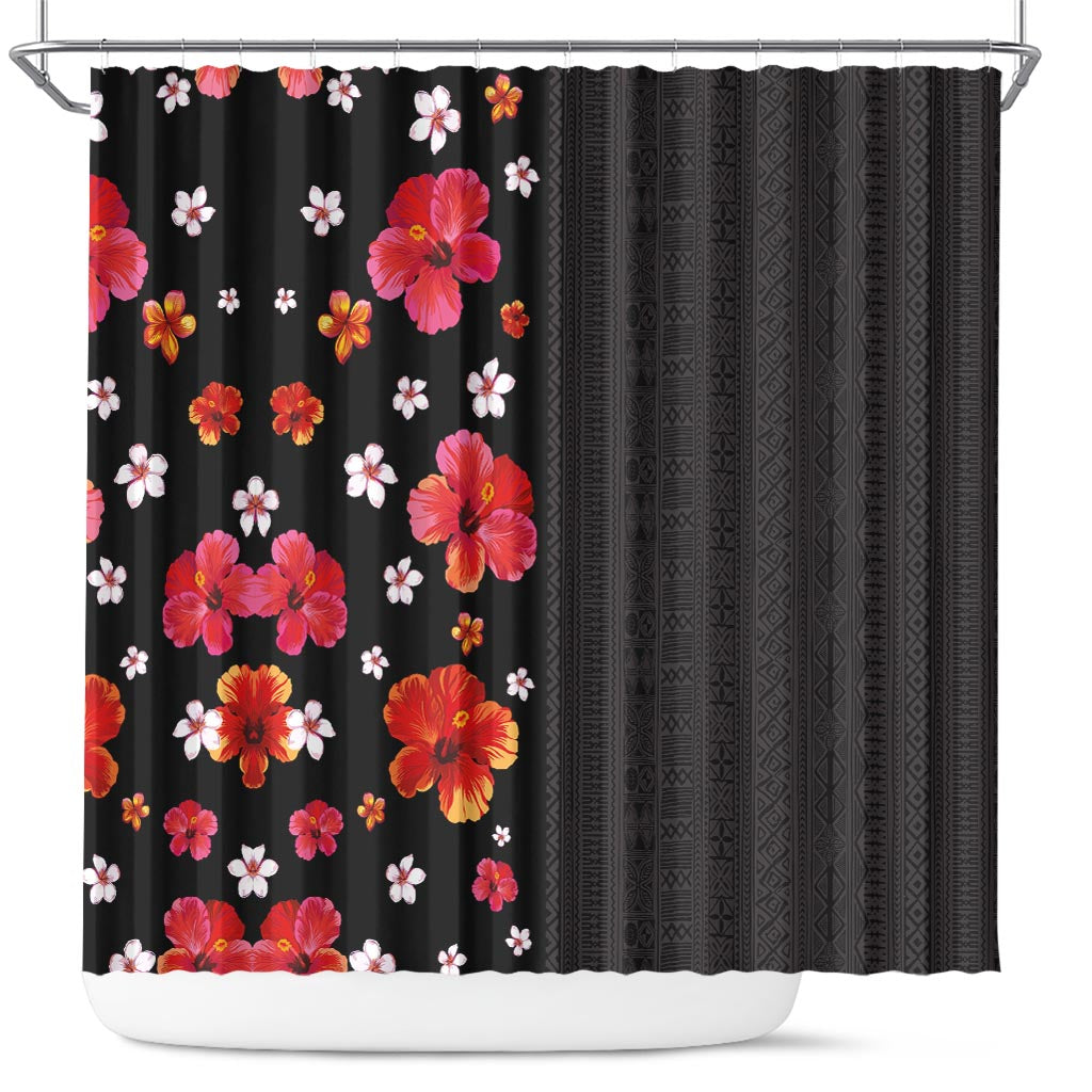 Hawaii Hibiscus and Plumeria Flowers Shower Curtain Tapa Tribal Pattern Half Style Colorful Mode LT03 Black - Polynesian Pride