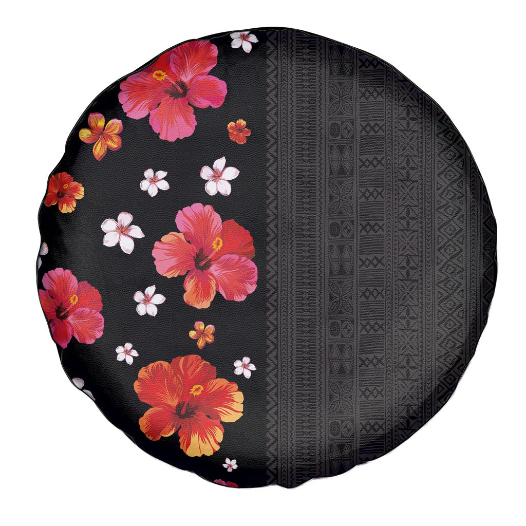 Hawaii Hibiscus and Plumeria Flowers Spare Tire Cover Tapa Tribal Pattern Half Style Colorful Mode