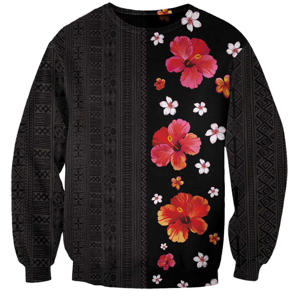Hawaii Hibiscus and Plumeria Flowers Sweatshirt Tapa Tribal Pattern Half Style Colorful Mode