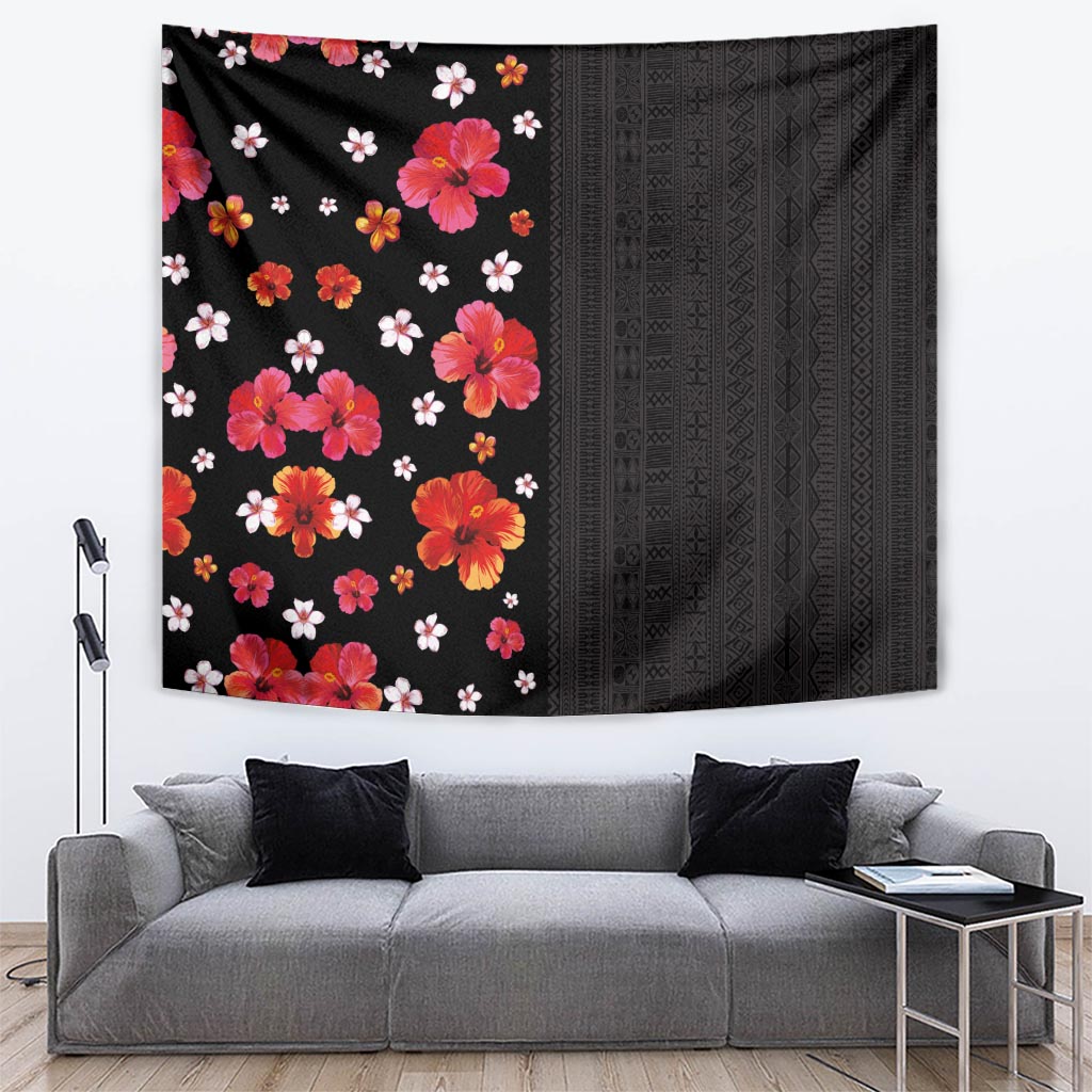 Hawaii Hibiscus and Plumeria Flowers Tapestry Tapa Tribal Pattern Half Style Colorful Mode LT03 Black - Polynesian Pride